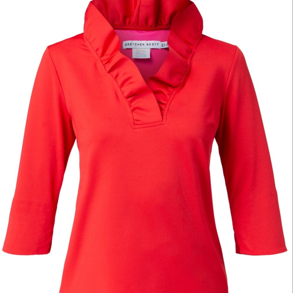 Gretchen Scott Ruffle Neck Top Red SIZE XL